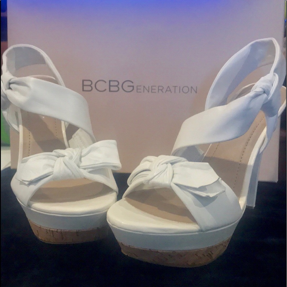 BCBG white soft leather platform spiked high heel